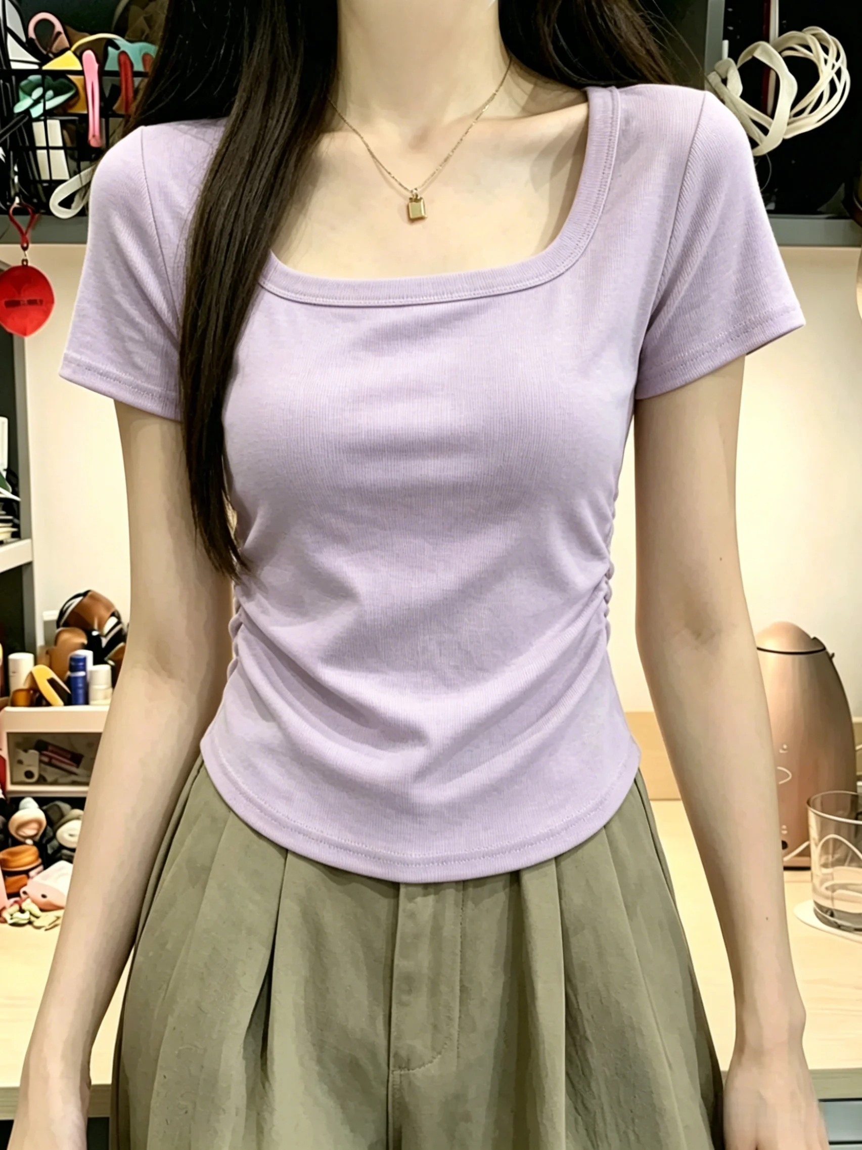 

Slim Fit Short Sleeve T-Shirt Women Summer Large Size Waist Cinched Square Collar Cotton 95% Elastic Fiber 5% Casual Top