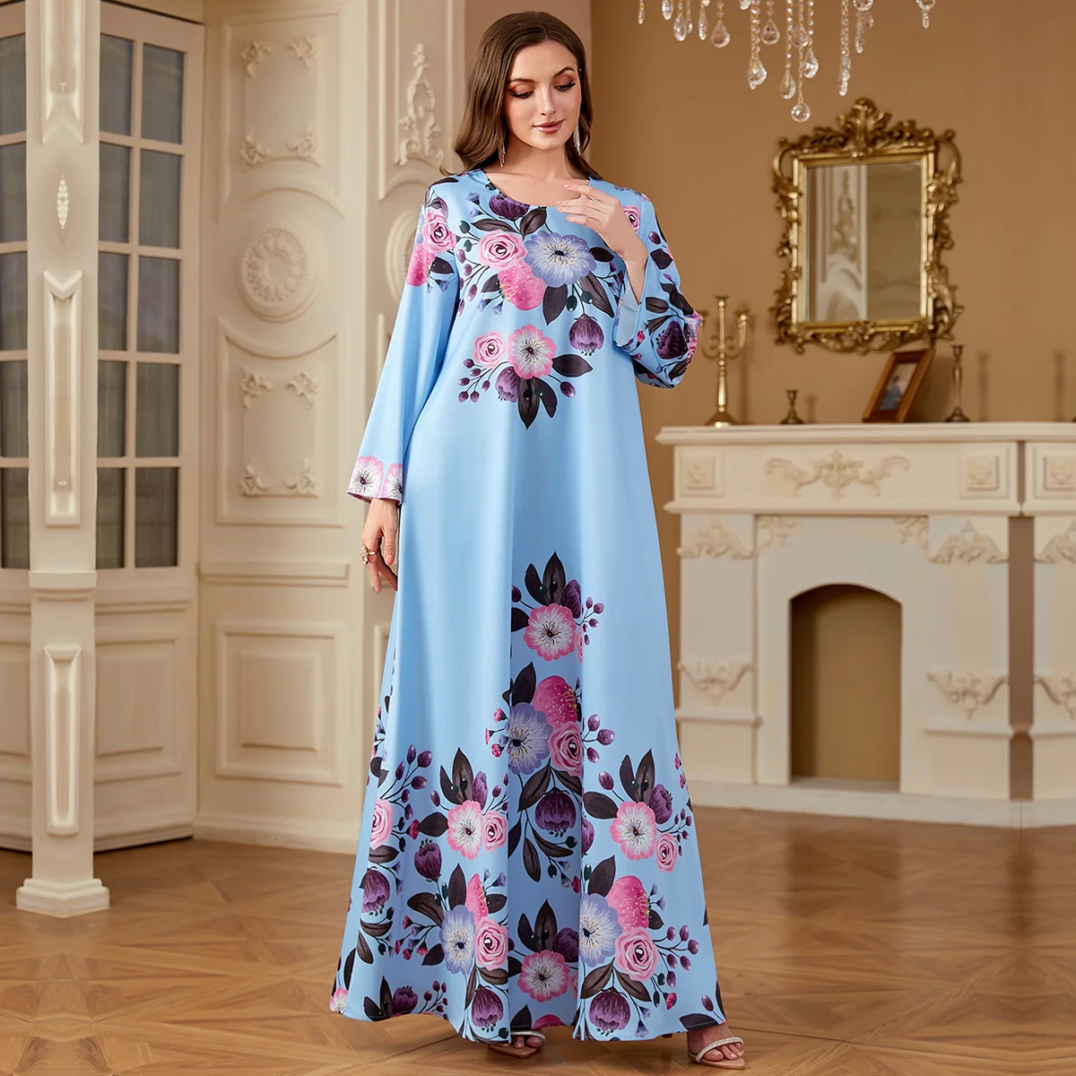 

Fashion Digital Printed Women Maxi Dress Round Neck Long Sleeved Muslim Abaya Casual Loose Lady Party Gown Elegant Arab Clothing