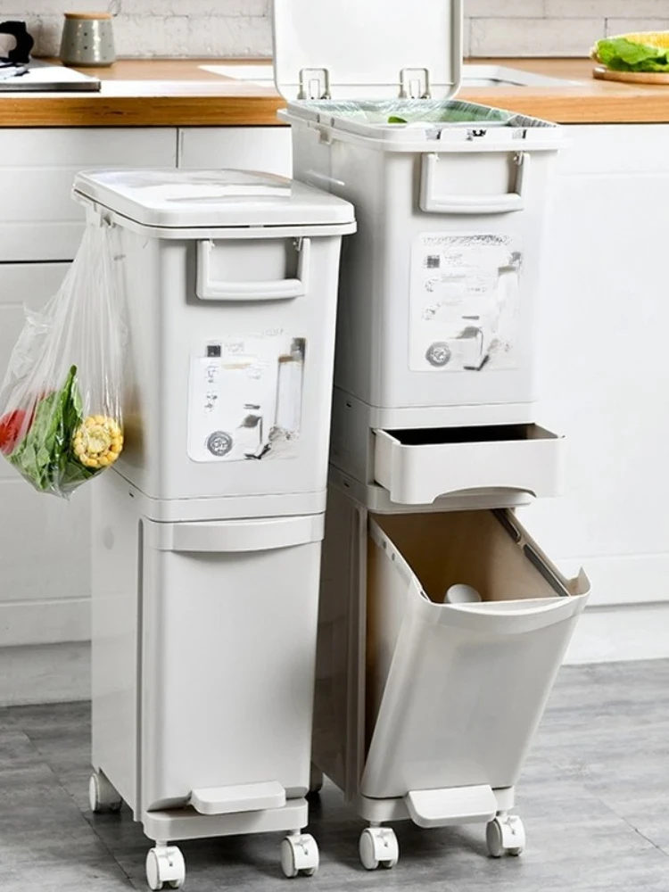 Slim MultiLayer Trash Bin PressType Garbage Container with Pulley Kitchen Pedal Dry and Wet Separation System