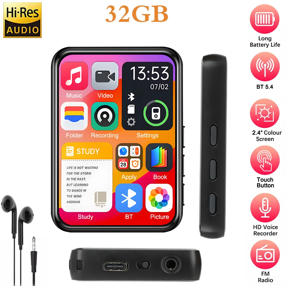 شاشة تعمل باللمس 2.4 بوصة مشغل MP3 بلوتوث المدمج في المتكلم المحمولة HiFi مشغل موسيقى MP3 وكمان تشغيل الفيديو مسجل صوتي