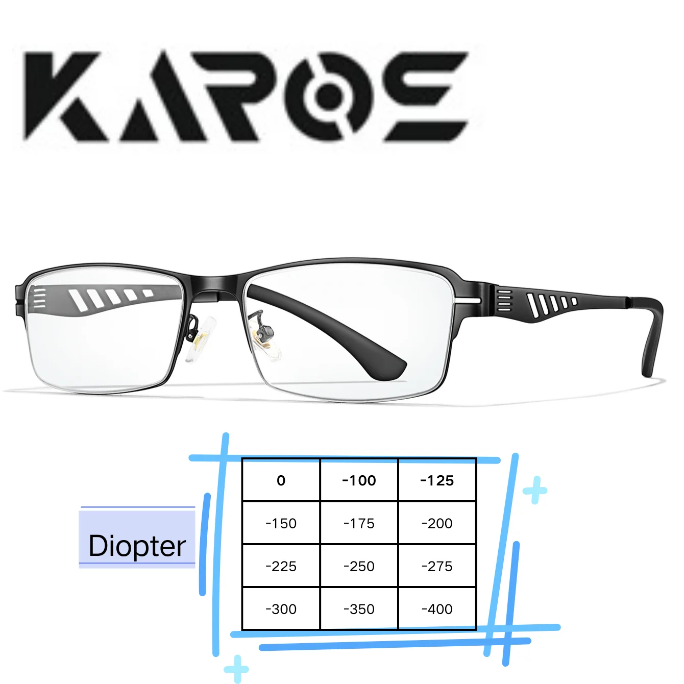 Karos Blaulicht-blockierende Lesebrille, quadratisch, mit Strahlenschutzfilter, für Computer, Büro, Myopie, 0 bis -400 Dioptrien