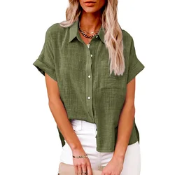 Women's S-3XL Size Spring Summer New Casual Shirts Tops Cotton Linen Pocket Solid Short Sleeve Shirt T-shirt Women's Blouse