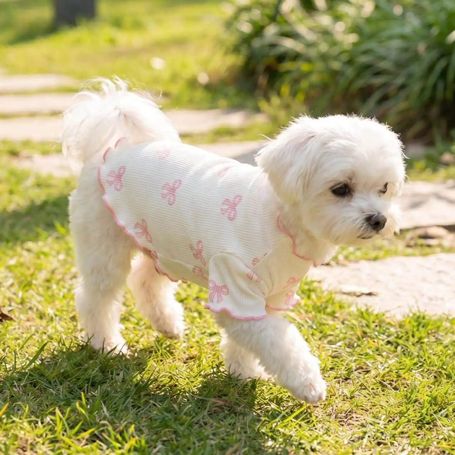 Geripptes Haustier-T-Shirt mit Herz- und Schleifendruck und Rüschenbesatz für kleine Hunde und Katzen – Detail 8