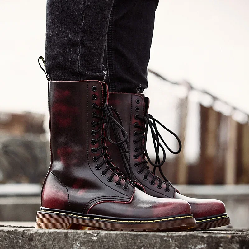 Unisex Large Size Cowhide Vintage Lace-up Combat Boots Men Riding Flat Women Motorcycle Short Snow Warm Plush