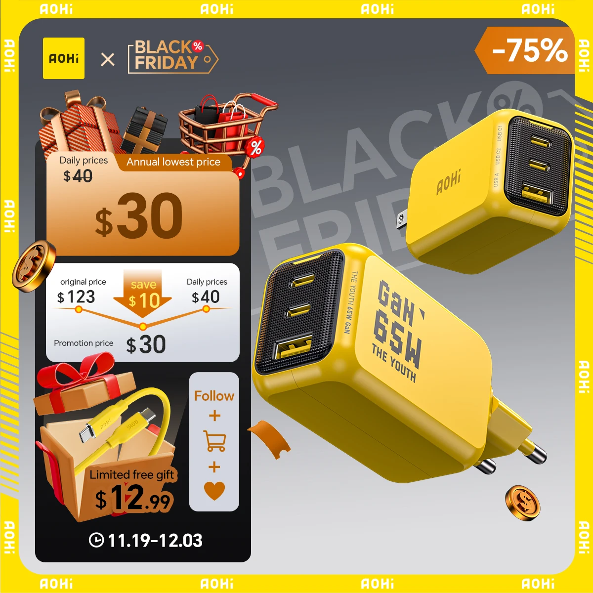 

AOHI THE YOUTH 65W GaN Charger Type C PD Charger 3-Port USB Charger with QC4.0 Portable Fast Charger For iPhone /Laptop /Tablet