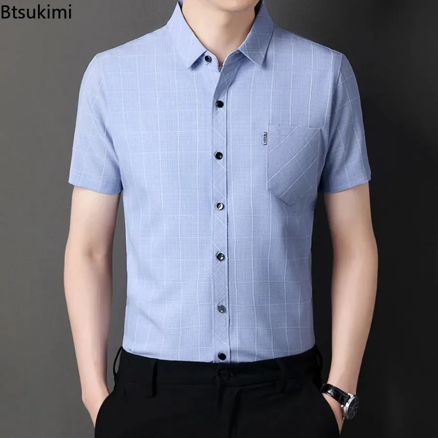 Fashion New Men's Plaid Print Cotton Linen Shirts Summer Short Sleeve Business Casual Blouse Men Breathable All Match Laple Tops
