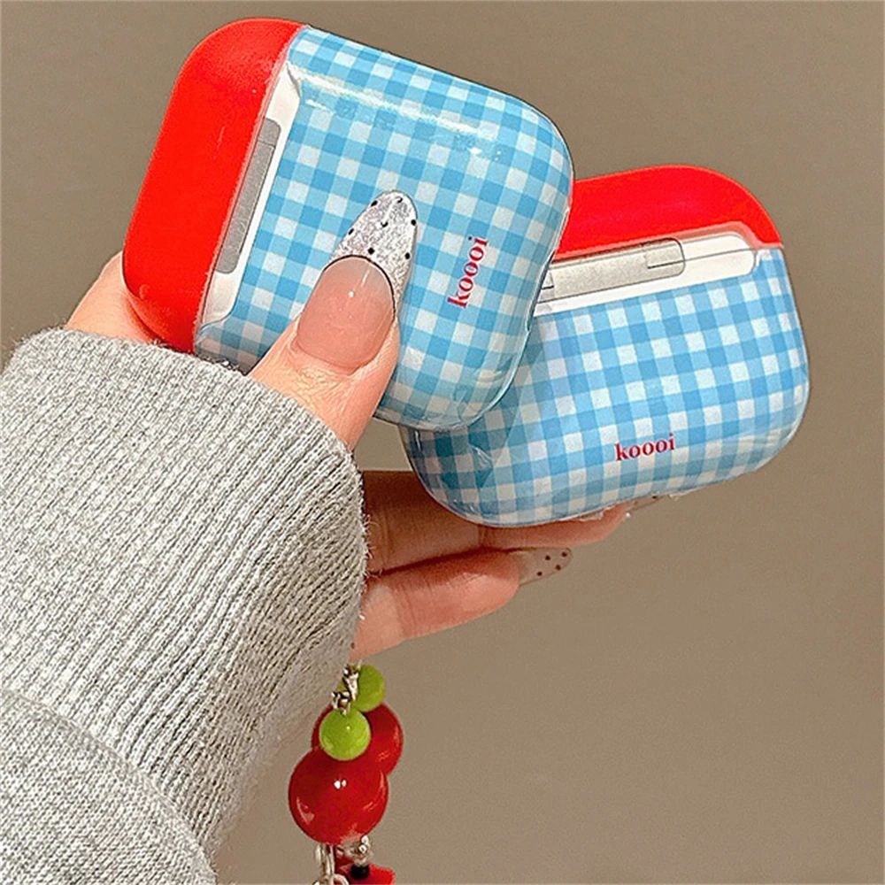 Kawaii Cute Fruit Blue Plaid Pattern Słuchawki ochronne Miękki pokrowiec na słuchawki AirPods 1 2 3 z zawieszką do AirPods Pro2