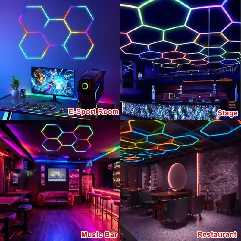 Customized Honeycomb Hexagon LED Lights RGB Garage Ceiling Light APP Remote Control 110-265V for Car Detailing Shop Warehouse