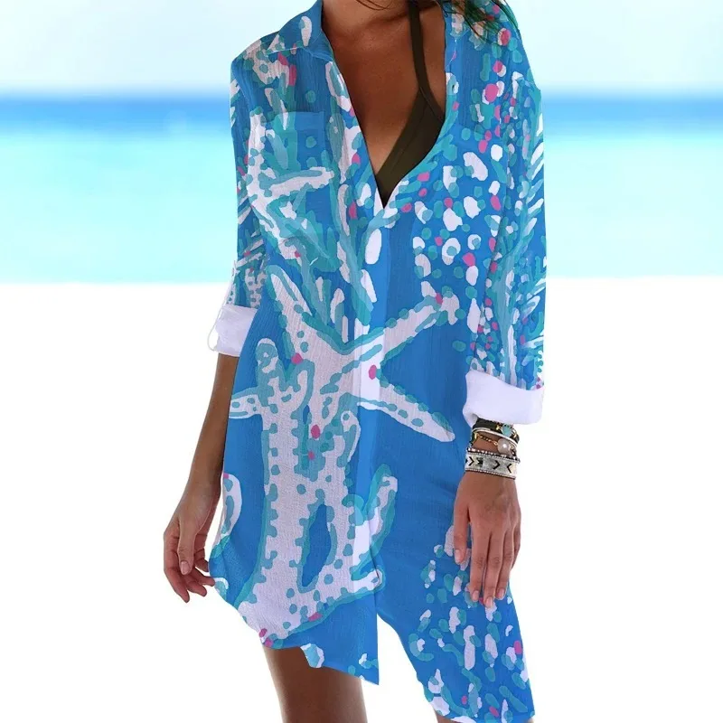 

Marine animal print women's design sense 2024 new spring and autumn loose long sleeved shirt niche top