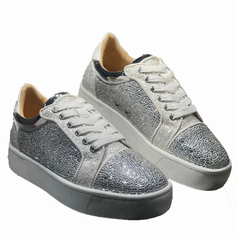 Baixo superior grosso sapatos de fundo vermelho para homens formadores dirigindo cravado branco glitter couro genuíno cristal rebites apartamentos tênis