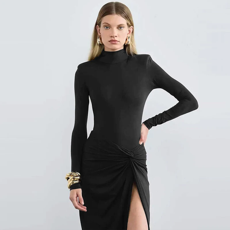 Women Dresses New Autumn Solid Sexy Split Elegant Maxi Dress Streetwear Fashion Long Sleeves Turtleneck Casual Slim Dress Female