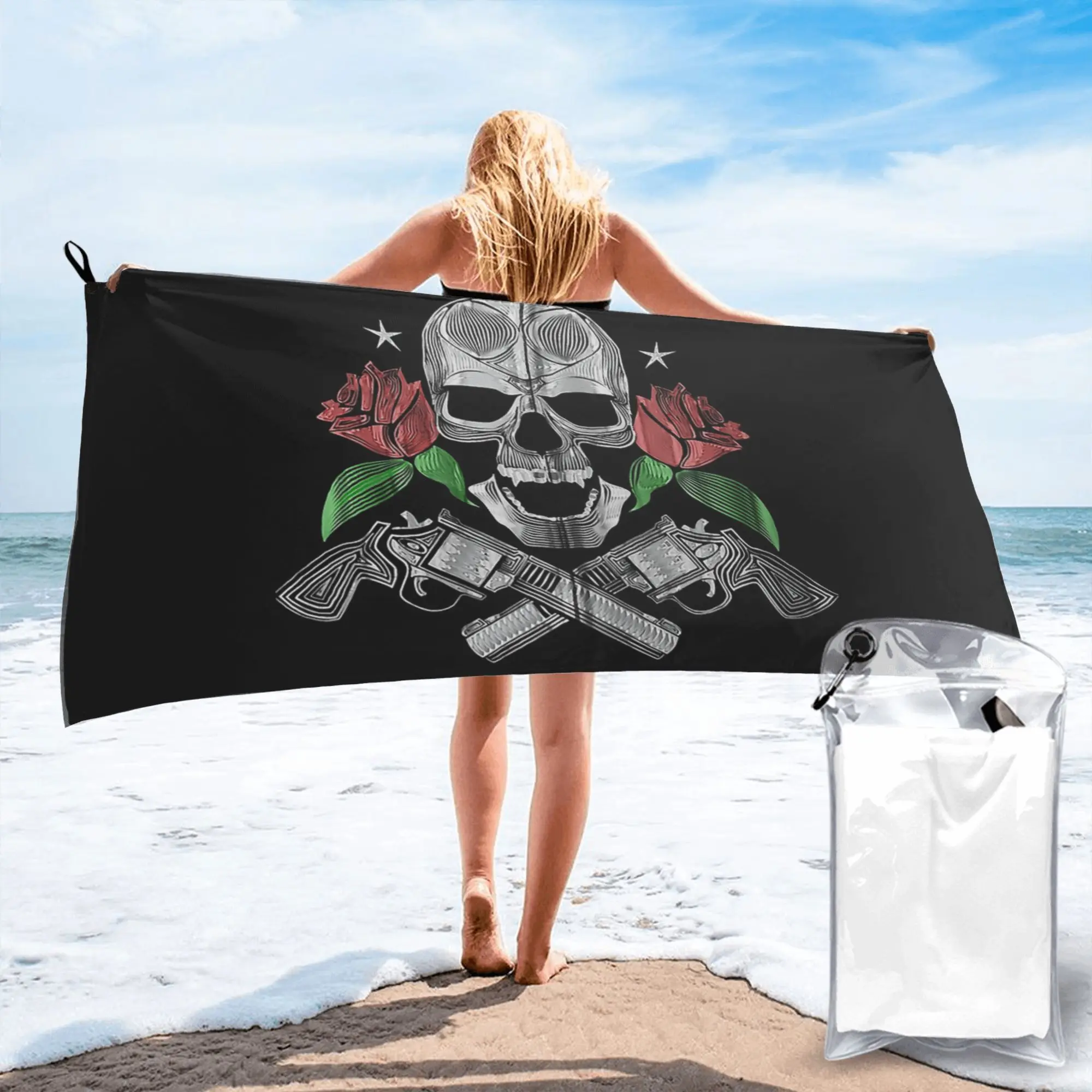 Red Roses with Guns and Skull Design Zip Hoodie Beach Towel Soft Microfiber Quick Dry Absorbent Quick Towels For Pool