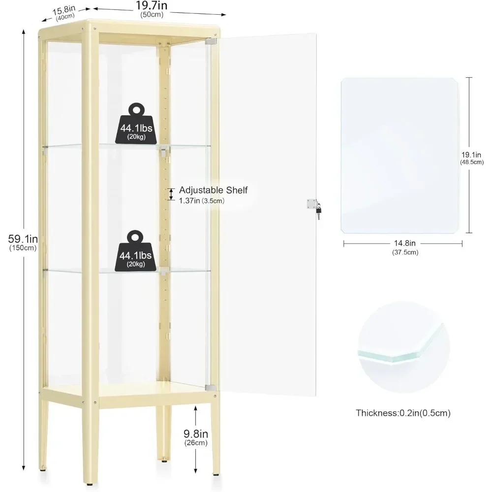 Ryoko Display Cabinet with Adjustable 3-Shelf Glass Shelves, Lock and Door, LED Light, Dust-Proof