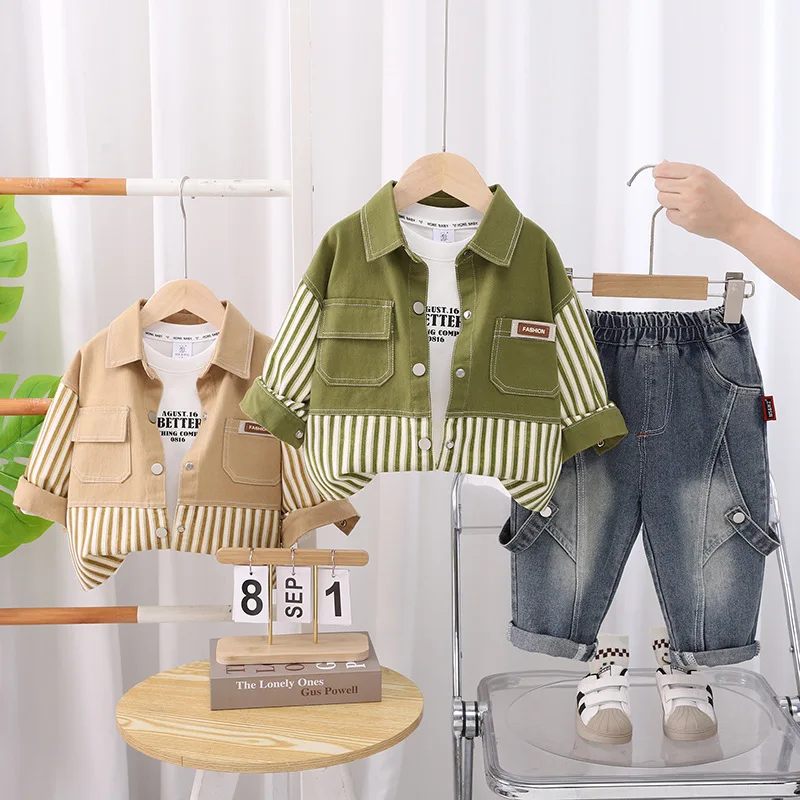 ملابس ربيع وخريف 2025 للأطفال الأولاد 12 18 شهرًا سترات دينم مخططة مرقعة + تي شيرت + سراويل للأولاد ملابس عيد الميلاد الأول #5