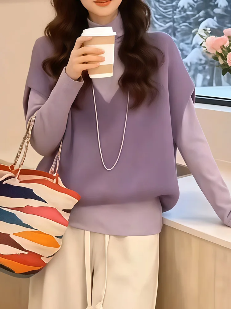 

Elegant Purple High Collar Knitted Set V Neck Base Layer Top Women's Fashion Two Piece Set Casual Style Polyester Fiber
