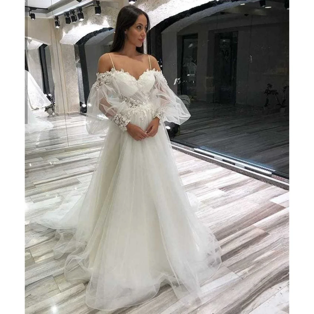 

Tulle Spaghetti Straps Long Sleeves Wedding Dresses Elegant Off the Shoulder Appliques Ruched Prom Dress Brides Evening Gowns