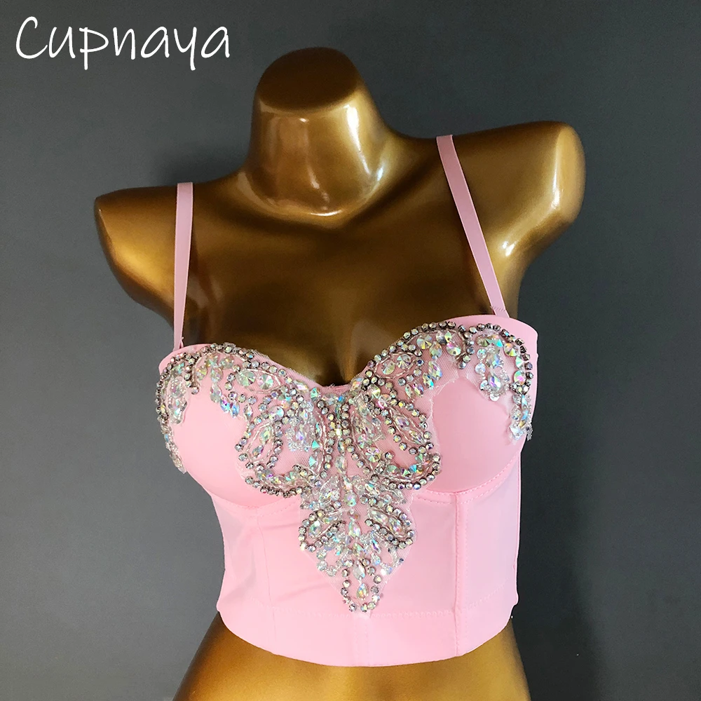 

Cupnaya Высококачественный женский сексуальный роскошный укороченный топ с вышивкой стразами, бюстье, корсет, короткий бюстгальтер на бретельках для свадебной вечеринки, розовый