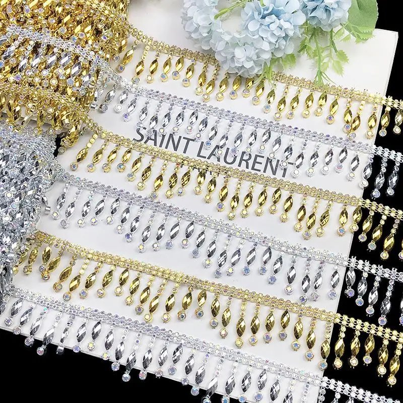 8 Yards 3.7cm Wide Teardrop Fringe Crystal Rhinestone Chain Trim Gold Silver AB Beaded Lace for Evening Dress DIY Sewing Wedding