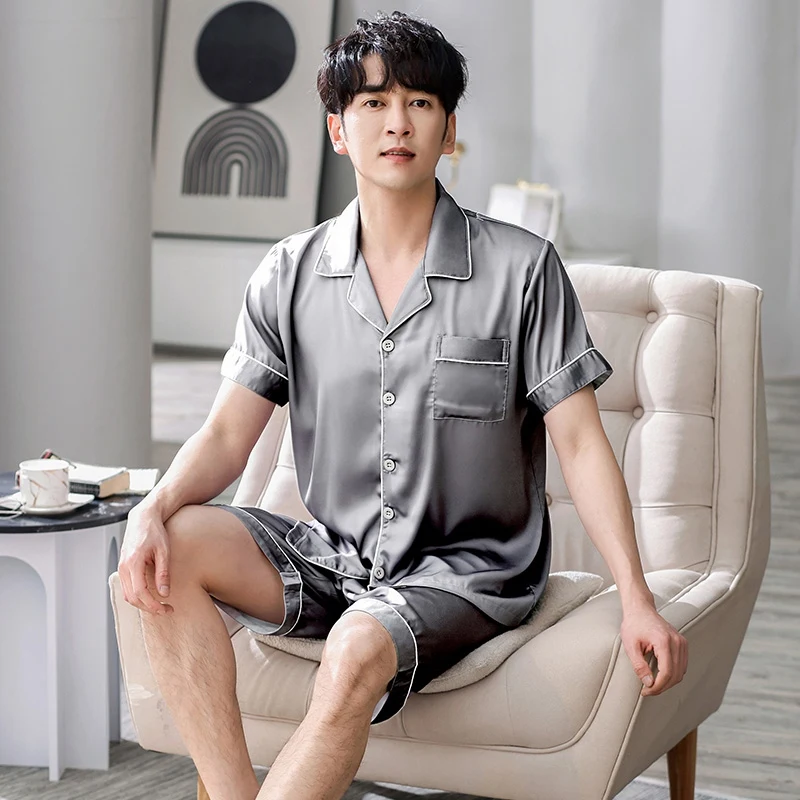 

2024 Summer Plus Size High Quality Short Sleeve Silk Satin Pajama Sets for Men Korean Loose Sleepwear Pyjamas Homewear Clothes