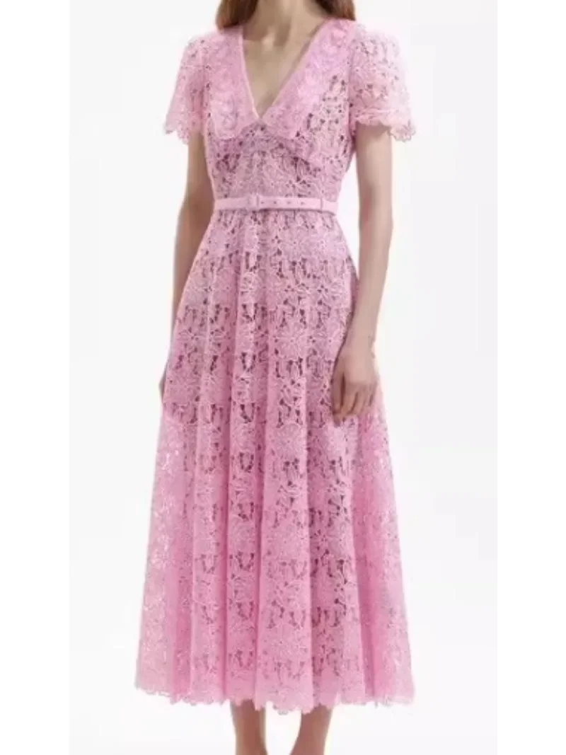 2024 Spring Lace Pink Belt Hollow Out Midi Dress