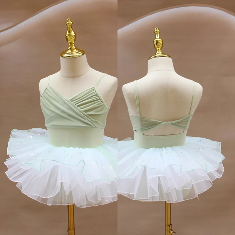 Children Ballet Leotard Tutu Fluffy Skirt Sling Ballet Bodysuit Dance Grading Test Performance Dress Gymnastics