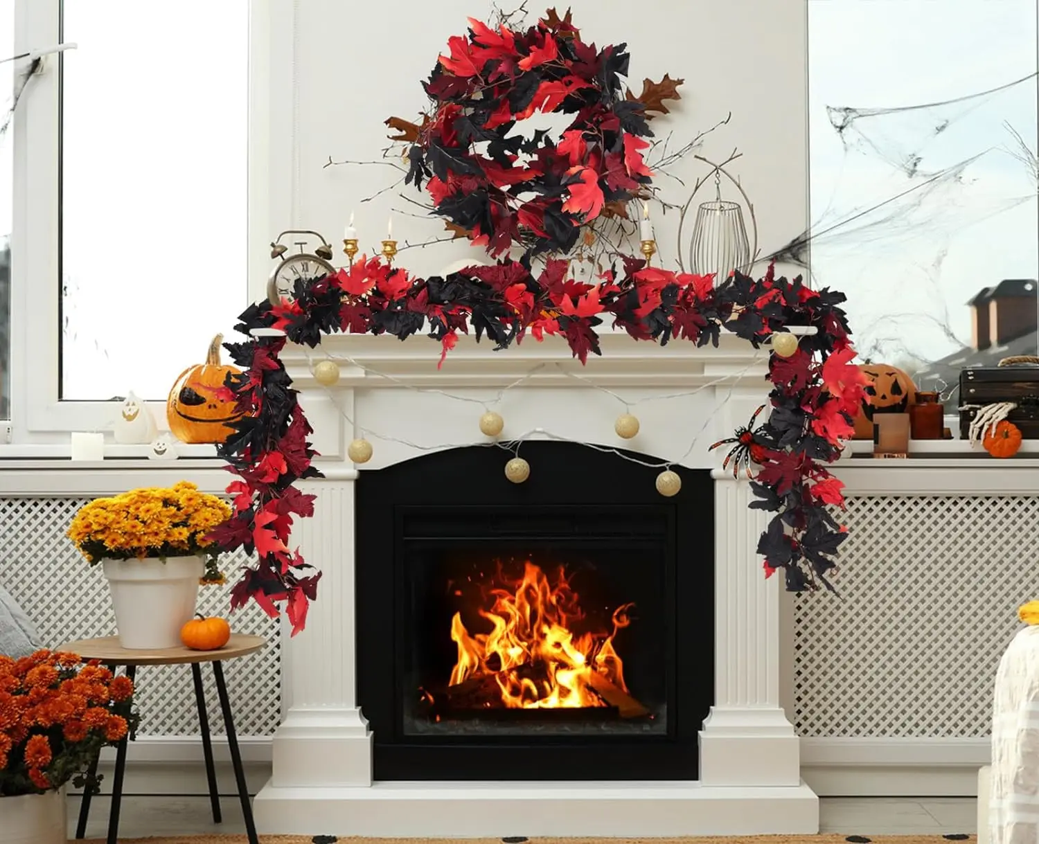 1.75m Artificial Black Maple Leaves Garland Fake Hanging Vines For Home Christmas Halloween Thanksgiving Party Fireplace Decor