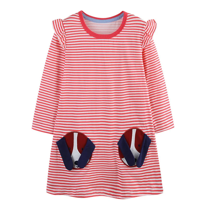 Jumping Meters 2-7T Hunde Applikation Mode Prinzessin Mädchen Kleider Langarm Babykleidung Gestreifte Taschen Kleinkind Kostüm