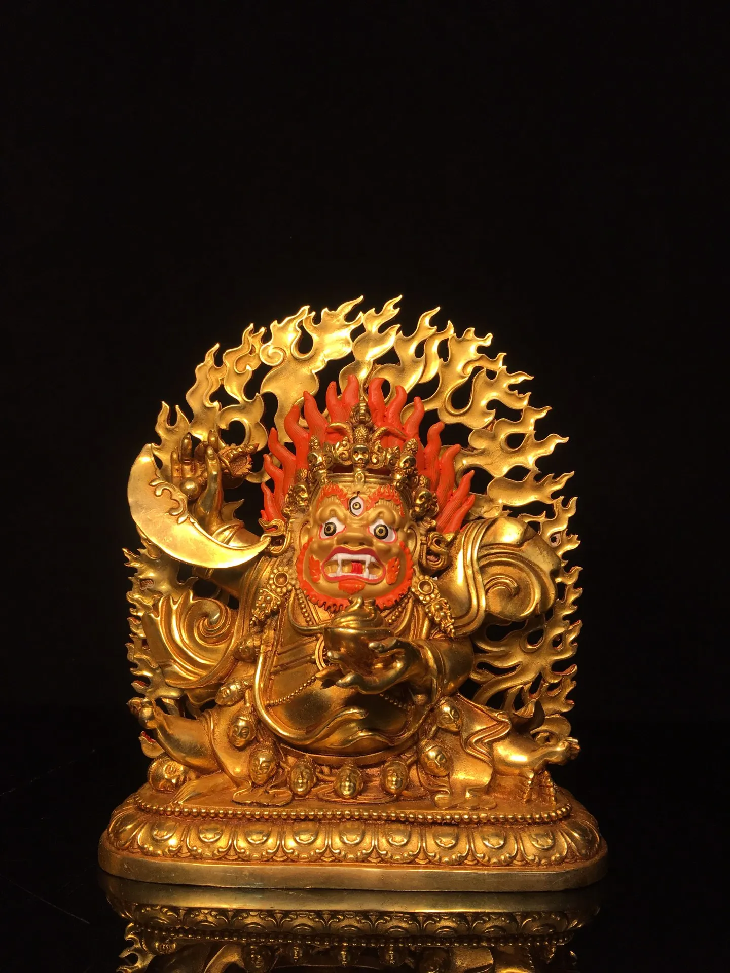 

9"Tibetan Temple Collection Old Bronze Gilded Painted Face Backlight Vajra Phurpa Mahakala Buddha Lotus Platform Worship Hall