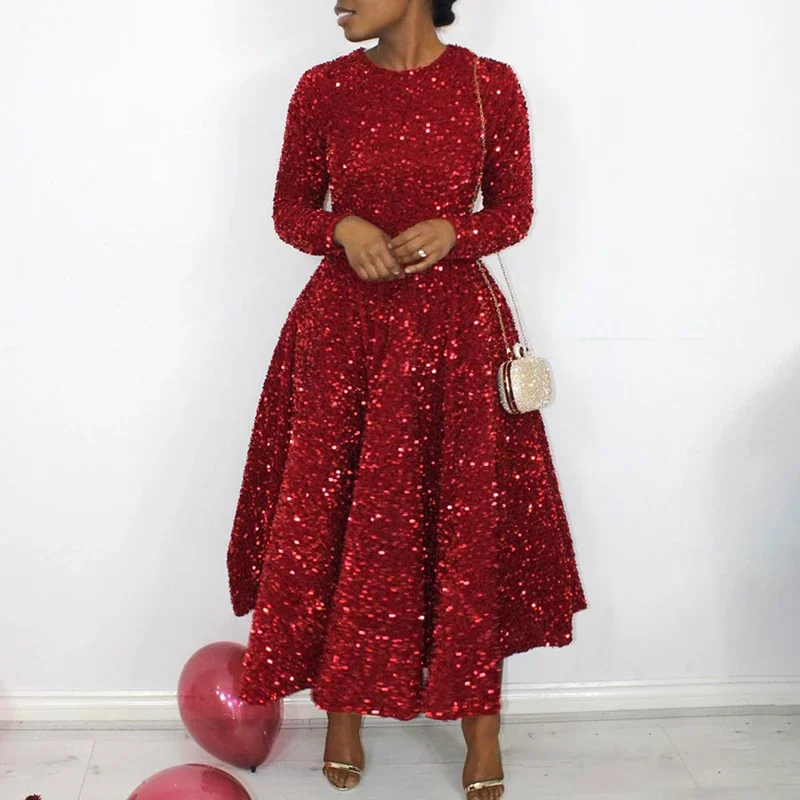 

Vintage Sequin Church Swing Dresses Fashion Long Sleeve O Neck High Waist Elegant Glitter Banquet Party Evening Dress for Women'