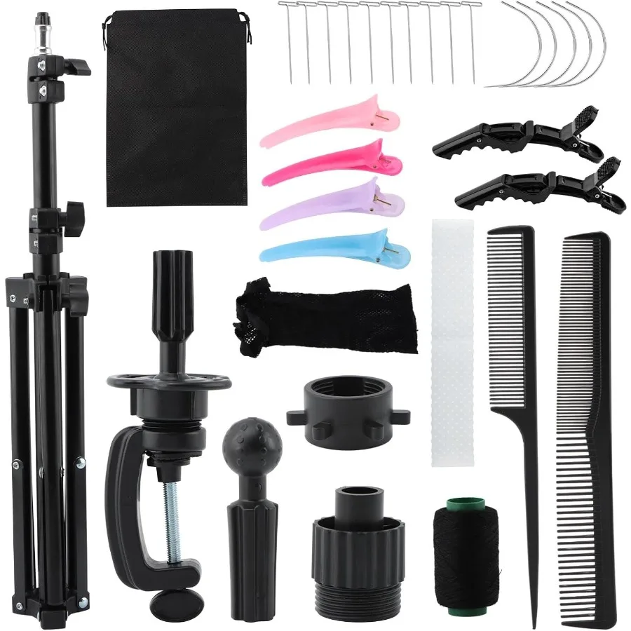 

Adjustable Tripod Wig Head Stand for Cosmetology and Hairdressing Training Complete Head Block Set with Wig Caps T Pins and C P