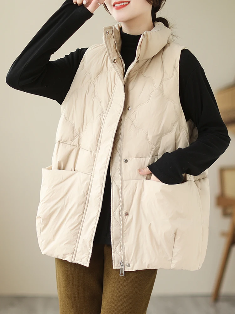 

Elegant Fashion Women Down Cotton Puffy Waistcoat 2025 New Winter Stand Collar Quilted Sleeveless Jackets Outerwear Vest Tops