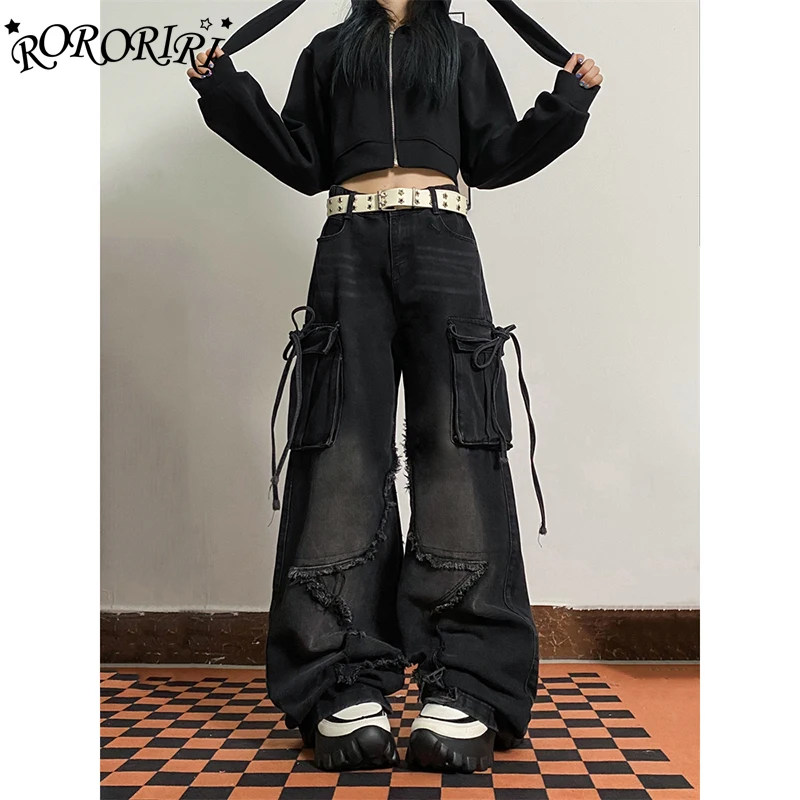 RORORIRI Stitch Star Raw Edge Cargo Pants Women Black Vintage Wash Pocket Deconstructed Y2k Whiskers Baggy Jeans Acubi Fashion