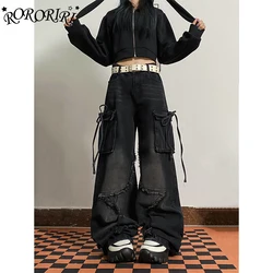 RORORIRI-Pantalon Cargo Vintage à Bord Brut pour Femme, Jean Baggy Acubi à la Mode, Y2k, avec Poches Lavées et Boucle Découpée