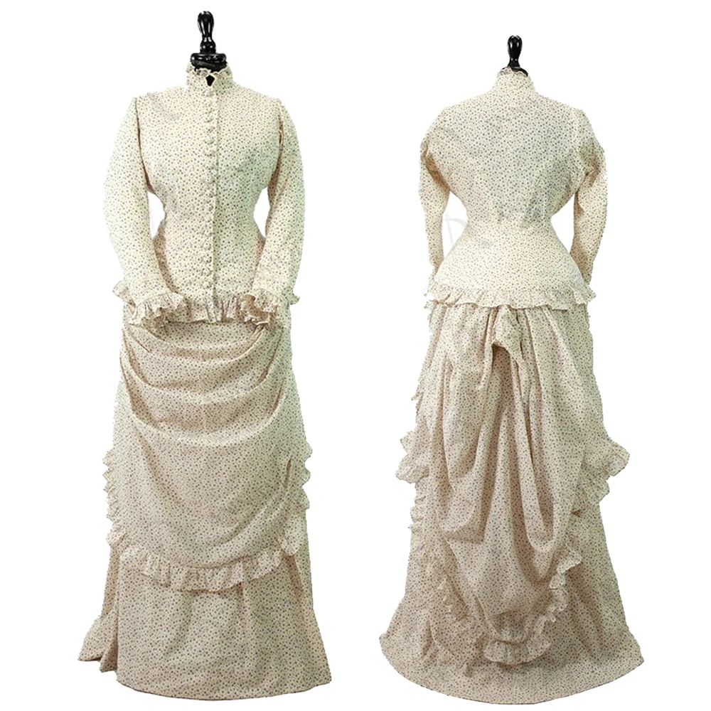 

18 Century Women's Medieval Victorian White polka dot Dress Renessiance Afternoon Gown Dress Bustle Fancy Bodice Skirts Suit