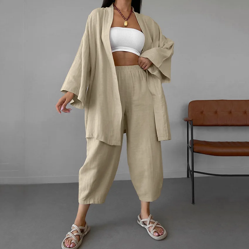 Autumn Womans Pajamas Loose Sleepwear Two-piece Set Flare Long Sleeved Cardigan + Pleated Wide Leg Pants Home Suit Female Casual