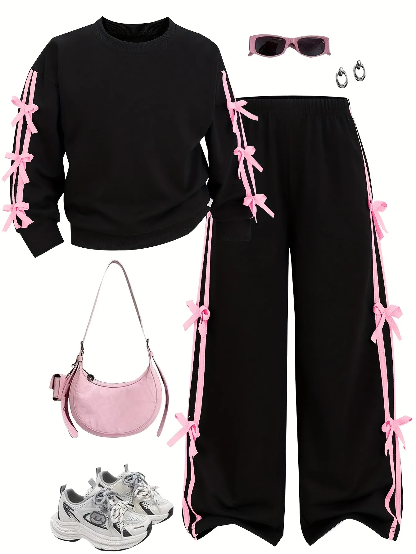Zweiteiliges Outfit-Set für Kinder und Mädchen, langärmliges Oberteil mit Schleifenband-Dekor, elastische Taille, weites Bein, Jogginghose für den Urlaub im Freien – Detail 2
