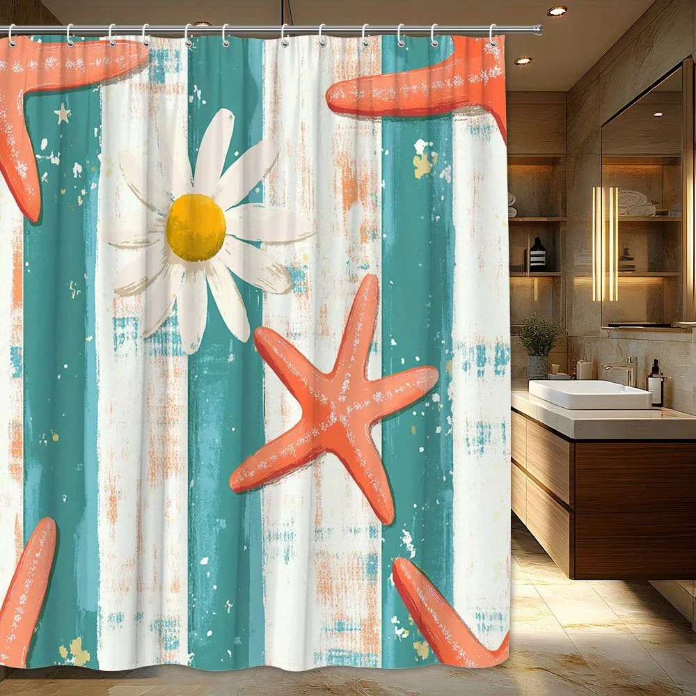 

Занавеска для душа с морской ромашкой и морской звездой — океанский дизайн, бирюзовые полосы, красная морская звезда, золотые звезды, можно стирать в машине