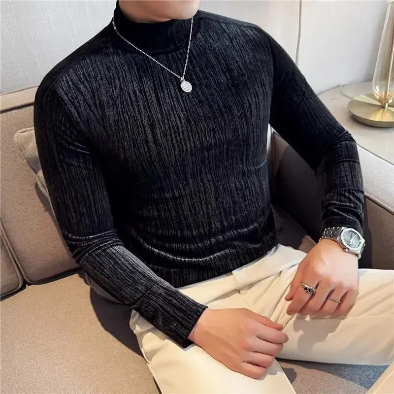 High-Grade Gray Fashion Striped Pleuche T-shirt Middle-Collar Long Sleeve Stretch Half Turtleneck Slim Fit Bottoming Shirt