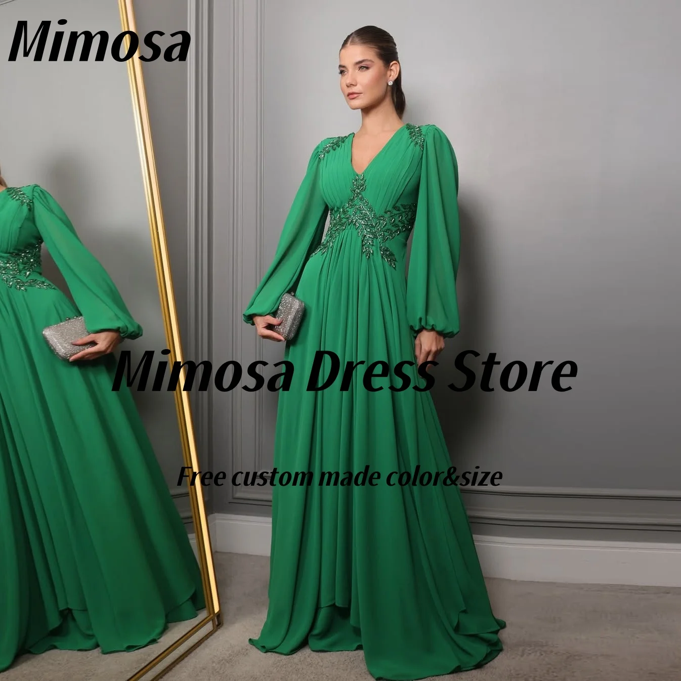 

Mimosa Formal Evening Dresses V Neck Beaded Vestidos Des Fiesta Long Sleeves Ruched A Line Wedding Party Evening Gown Customized