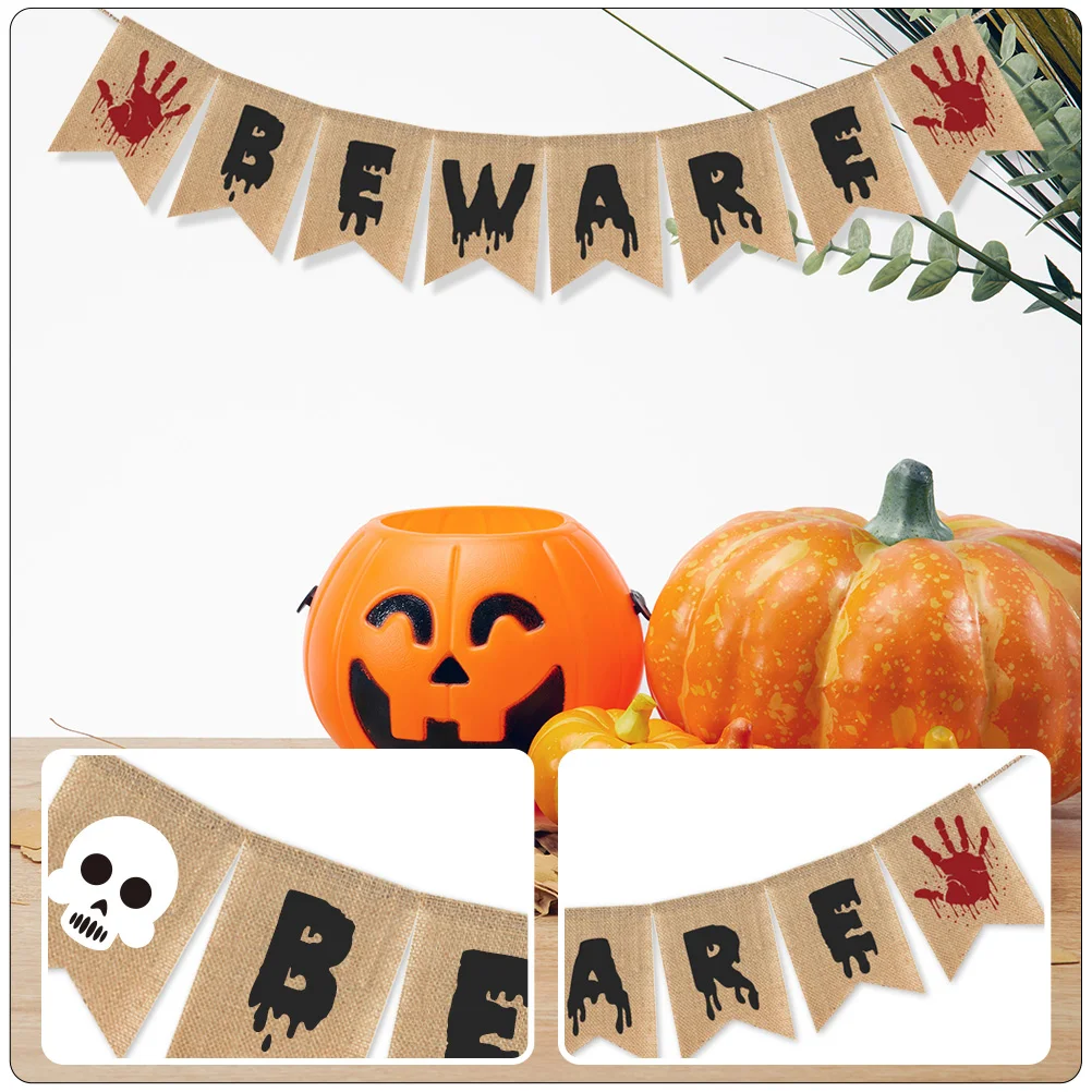 

2pcs Halloween Party Bunting Banner Burlap Hanging Decorative Flag Beware Garlands Festive Ornament For Home Wall Mantel Office