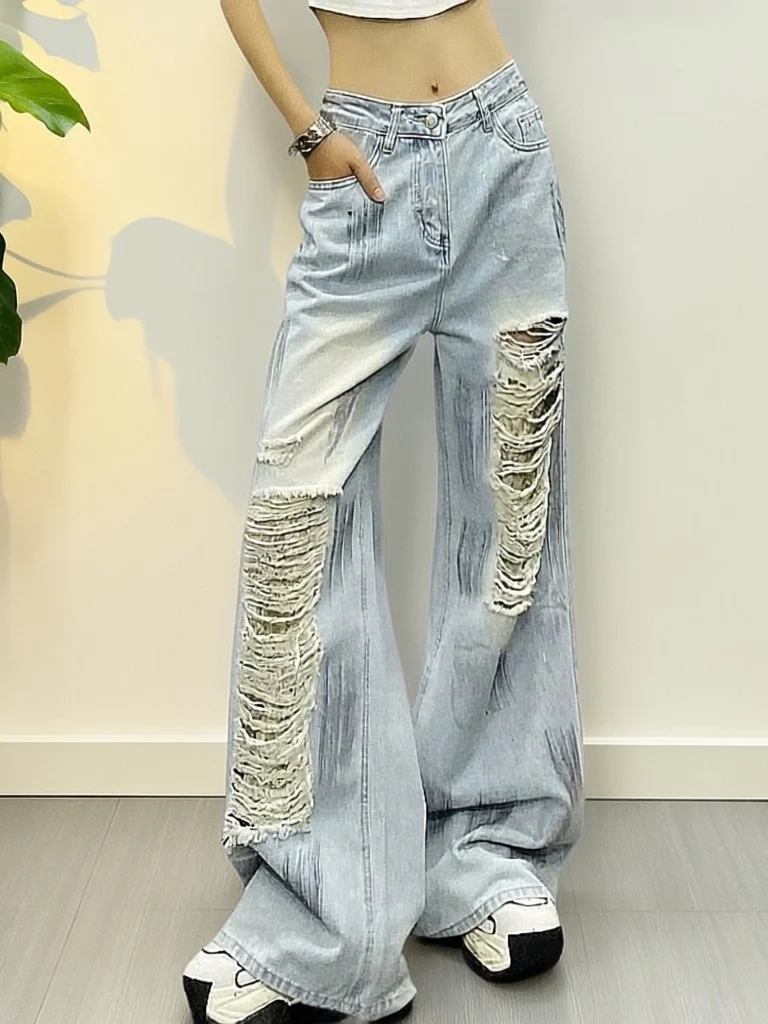 

Washed Denim High Waist Wide Leg Jeans Vintage Hole Punching Street Style Spring Women's Fashion Loose Fit Blue Jeans