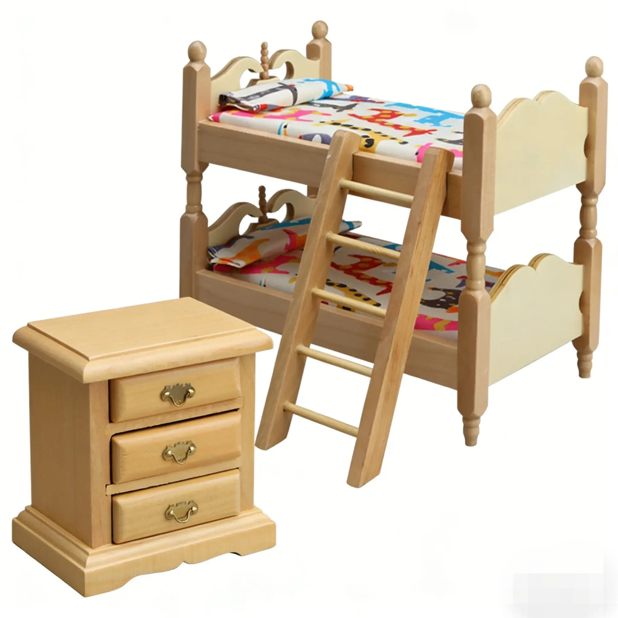 

12 Scale Dollhouse Miniature Wooden Bunk Bed And Nightstand Set Ob11 Kids' Room Decor And Model Toy Furniture