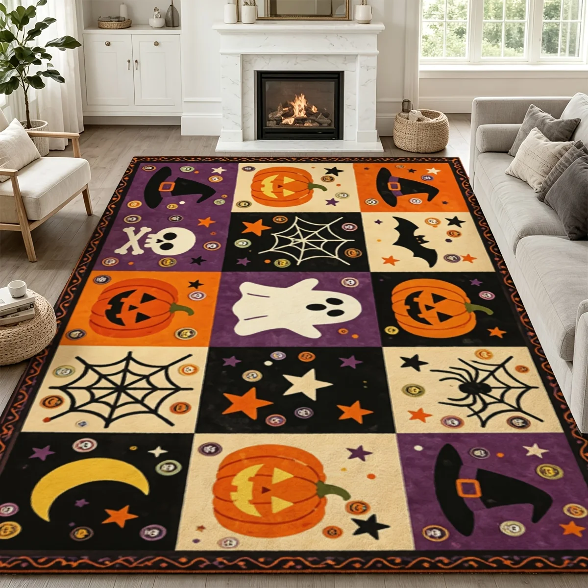 1pc Halloween Patchwork Pumpkin Ghost Area Rug, 2D Flat Print, Indoor Floor Mat for Living Room, Holiday Decor