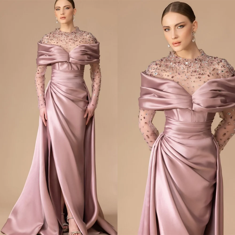 

Customized Simple Champagne Satin Evening Dress Classic High Neckline Long Sleeves Buttons Back Crystal Special Occasion Gowns