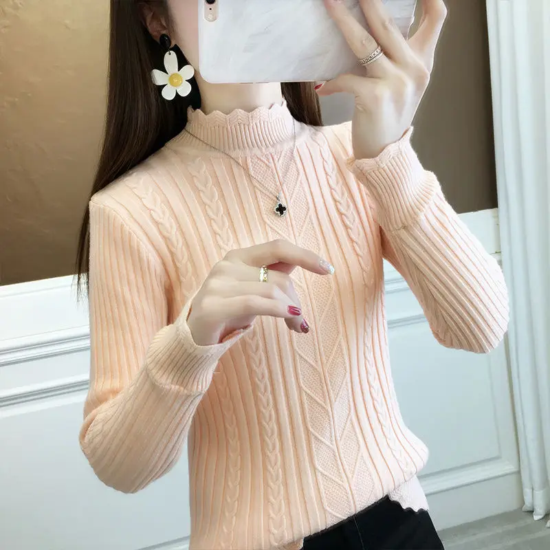 Padded Autumn Winter Half-high Neck Pullover Sweater Women Loose Thickened Warm Solid Color Knit Sweater Bottoming Shirt Tops