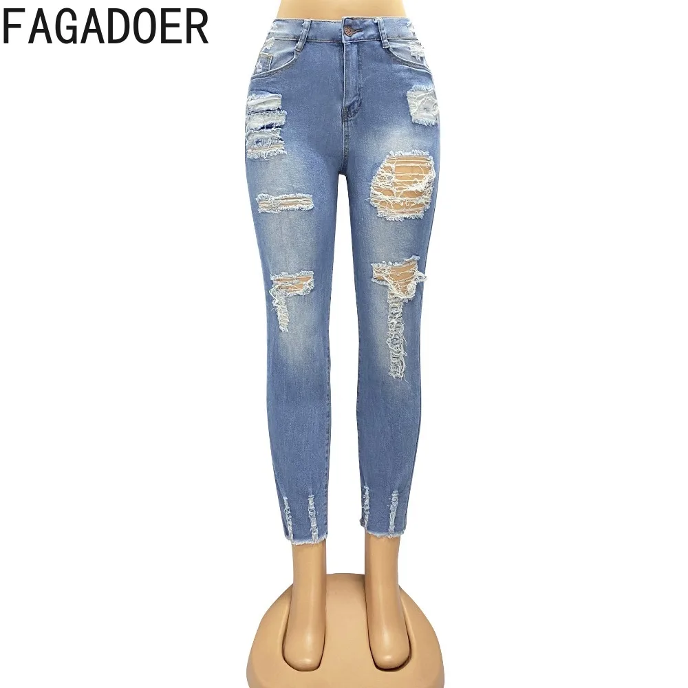 FAGADOER Blue Fashion Skinny Hole Denim Pants Women High Waisted Button Hollow Pocket Jean Trousers Casual Female Cowboy Bottoms