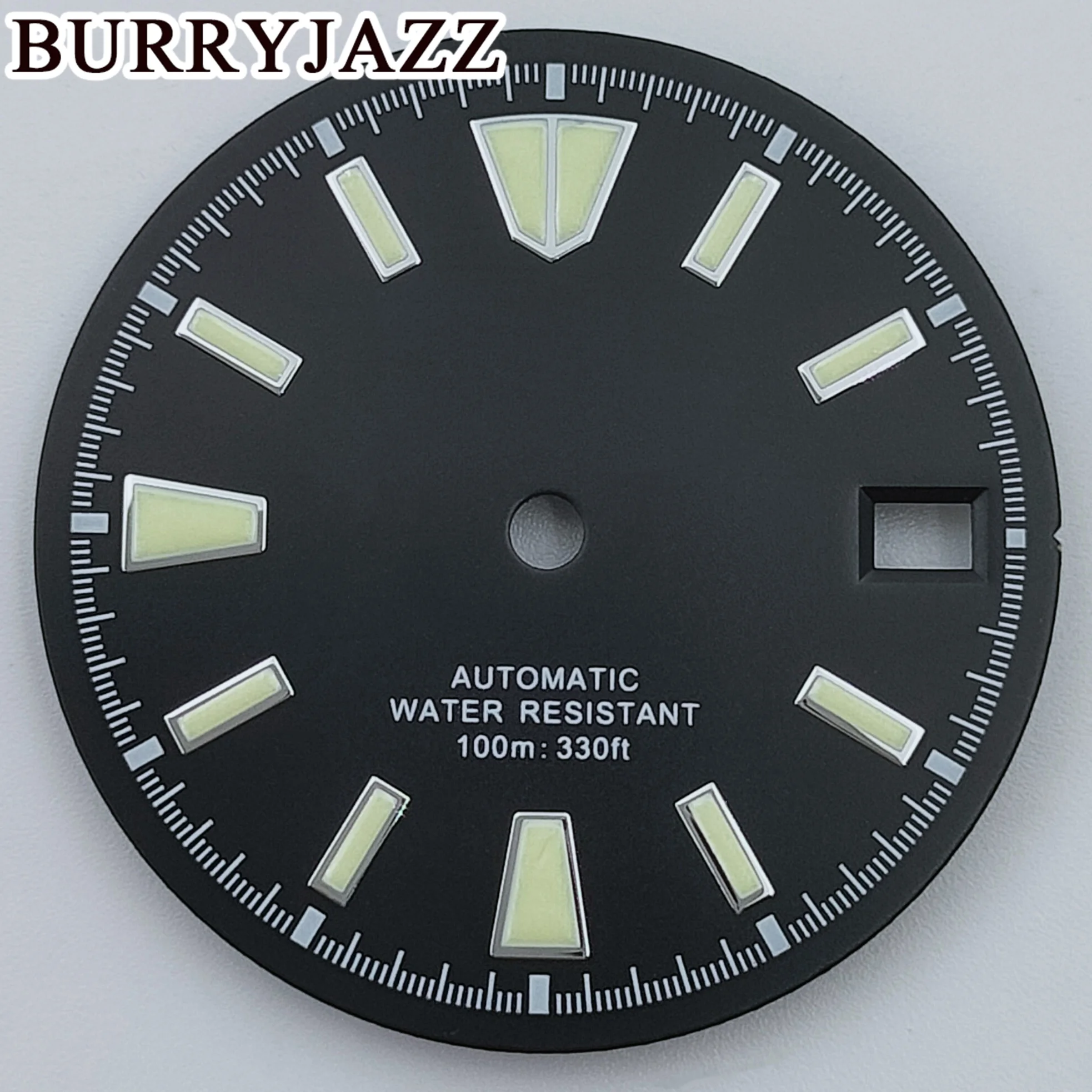 BURRYJAZZ 29mm No Logo NH35 Watch Dials Black Dial Green Luminous Fit 3 O'clock 3.8 O'clock Case Crown