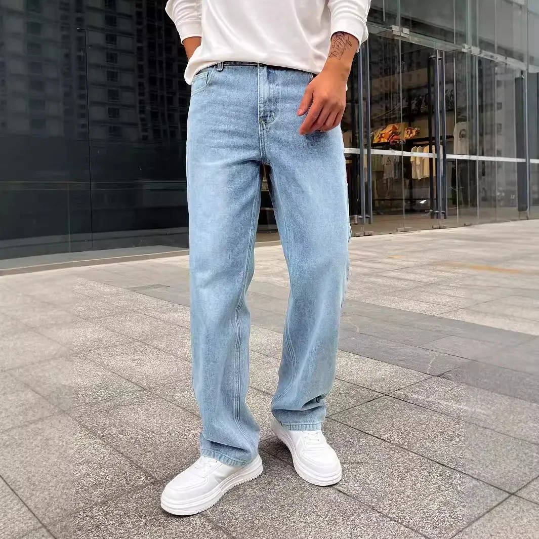 

Pop Four Seasons New Fashion Men's Casual Trendy Washed Light Blue Solid Color Loose Jeans Pants Straight Denim Trousers Male Je