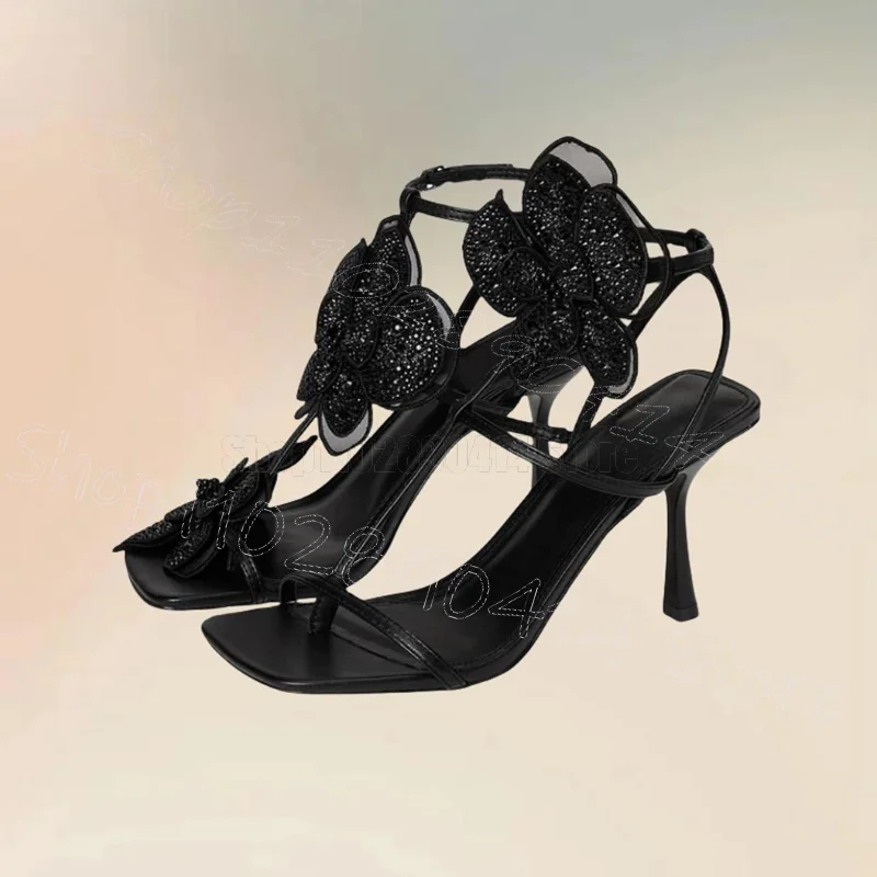 

Black Appliques Design Open Toe Sandals Buckle Strap Women Shoes Thin High Heels Party Banquet Dating 2025 Zapatos Para Mujere