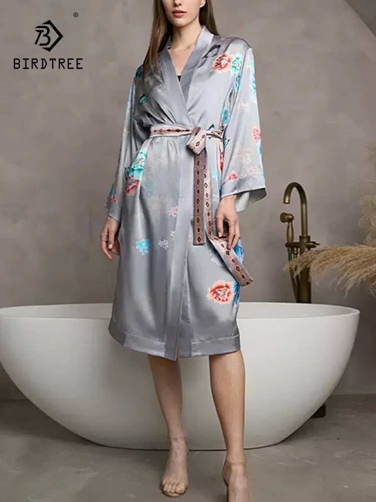 Birdtree 100%Mulberry Silk Elegant Pajamas Women's Flower Printed New Chinese Style Home Clothes 2024 Spring Summer P41483QC